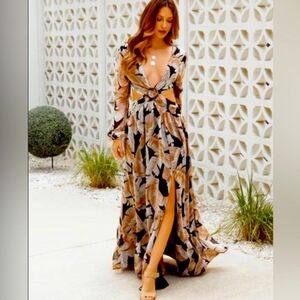 Vici Beige and Black Leaf-Print Maxi Dress with Ring Front